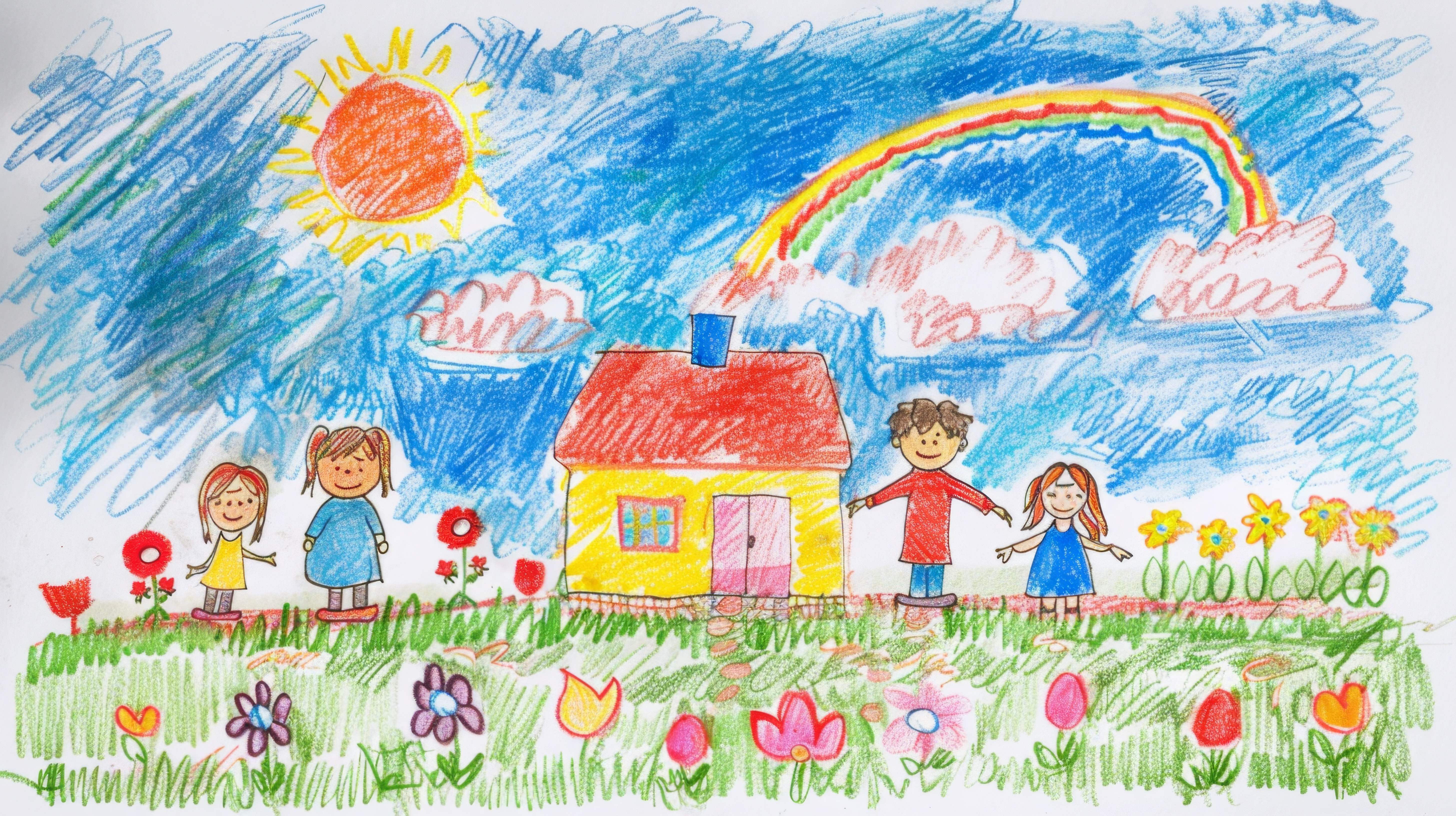Child's crayon drawing of a family outside a yellow house under a sun and rainbow